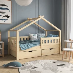 Hausbett Design Naturholz 80x160 cm mit 2 Schubladen und Matratze Vitalispa