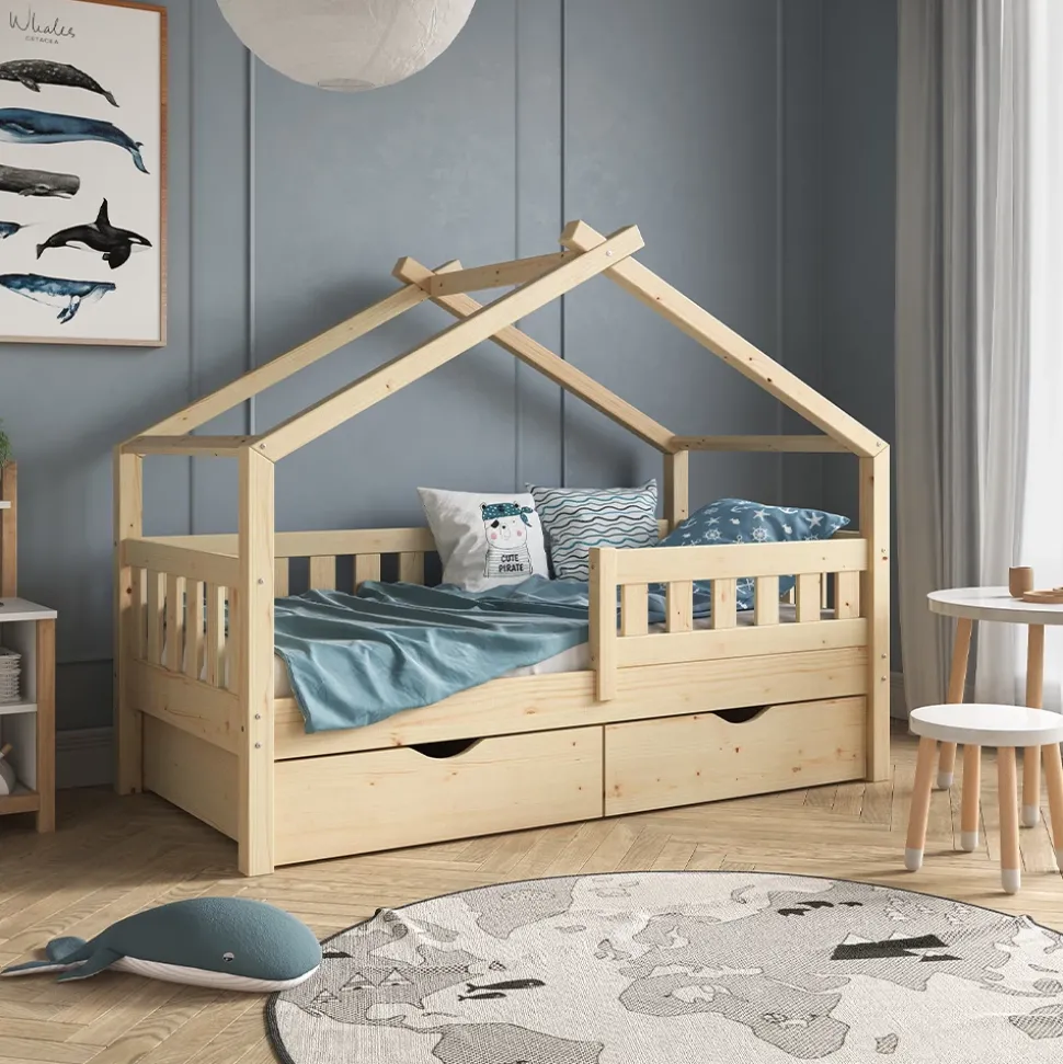 Hausbett Design Naturholz 80x160 cm mit 2 Schubladen und Matratze Vitalispa