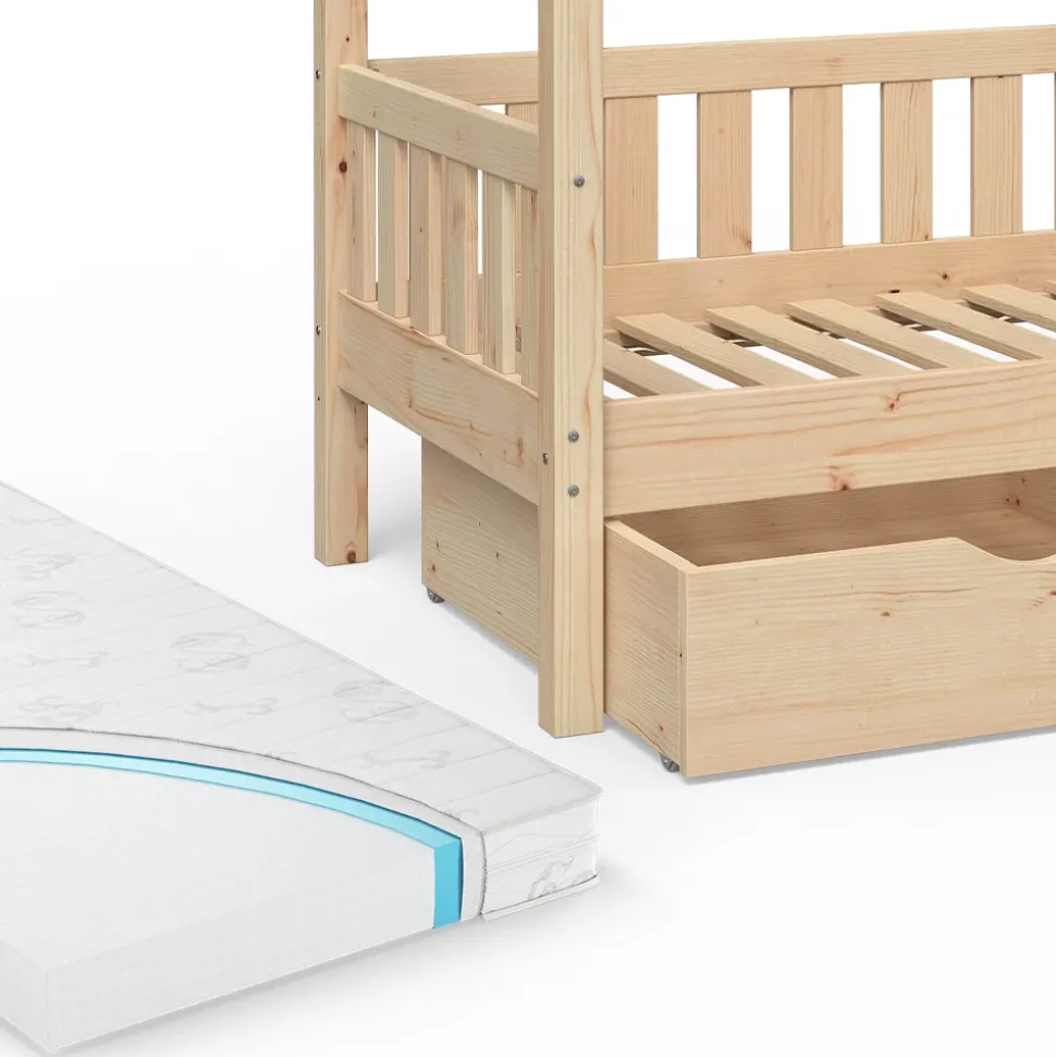 Hausbett Design Naturholz 80x160 cm mit 2 Schubladen und Matratze Vitalispa