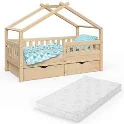 Hausbett Design Naturholz 80x160 cm mit 2 Schubladen und Matratze Vitalispa