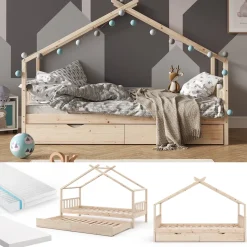 Hausbett Design Naturholz 90x200 cm mit Gästebett und 2 Matratzen Vitalispa