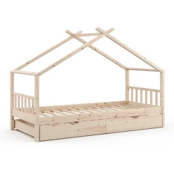 Hausbett Design Naturholz 90x200 cm mit Gästebett Vitalispa