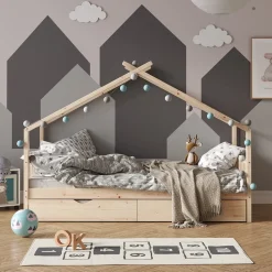 Hausbett Design Naturholz 90x200 cm mit Gästebett Vitalispa