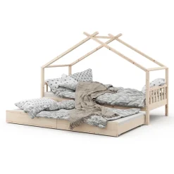 Hausbett Design Naturholz 90x200 cm mit Gästebett Vitalispa