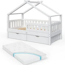Hausbett Design Weiß 80x160 cm mit 2 Schubladen und Matratze Vitalispa