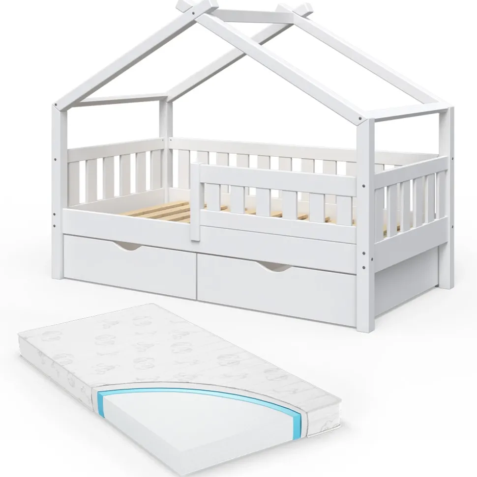 Hausbett Design Weiß 80x160 cm mit 2 Schubladen und Matratze Vitalispa