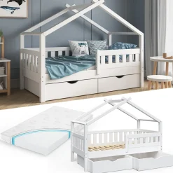 Hausbett Design Weiß 80x160 cm mit 2 Schubladen und Matratze Vitalispa