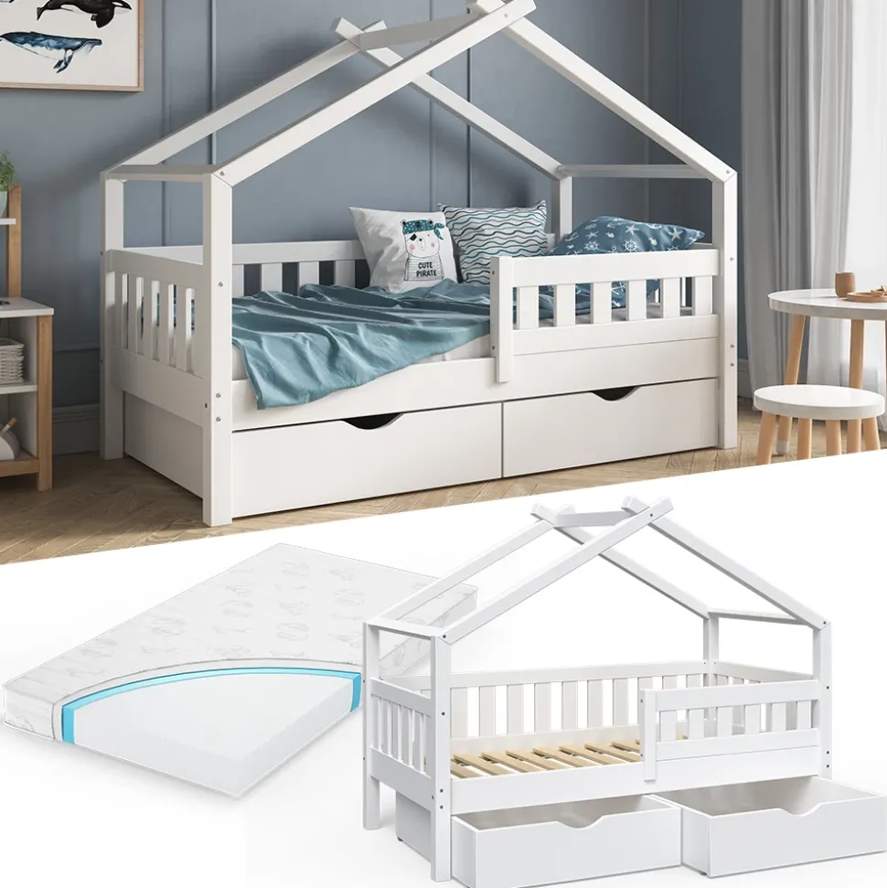 Hausbett Design Weiß 80x160 cm mit 2 Schubladen und Matratze Vitalispa