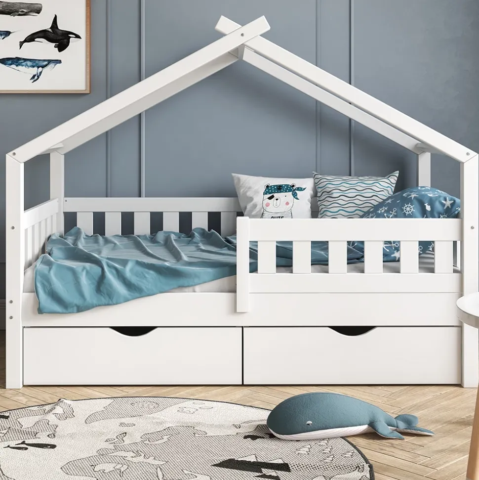 Hausbett Design Weiß 80x160 cm mit 2 Schubladen und Matratze Vitalispa