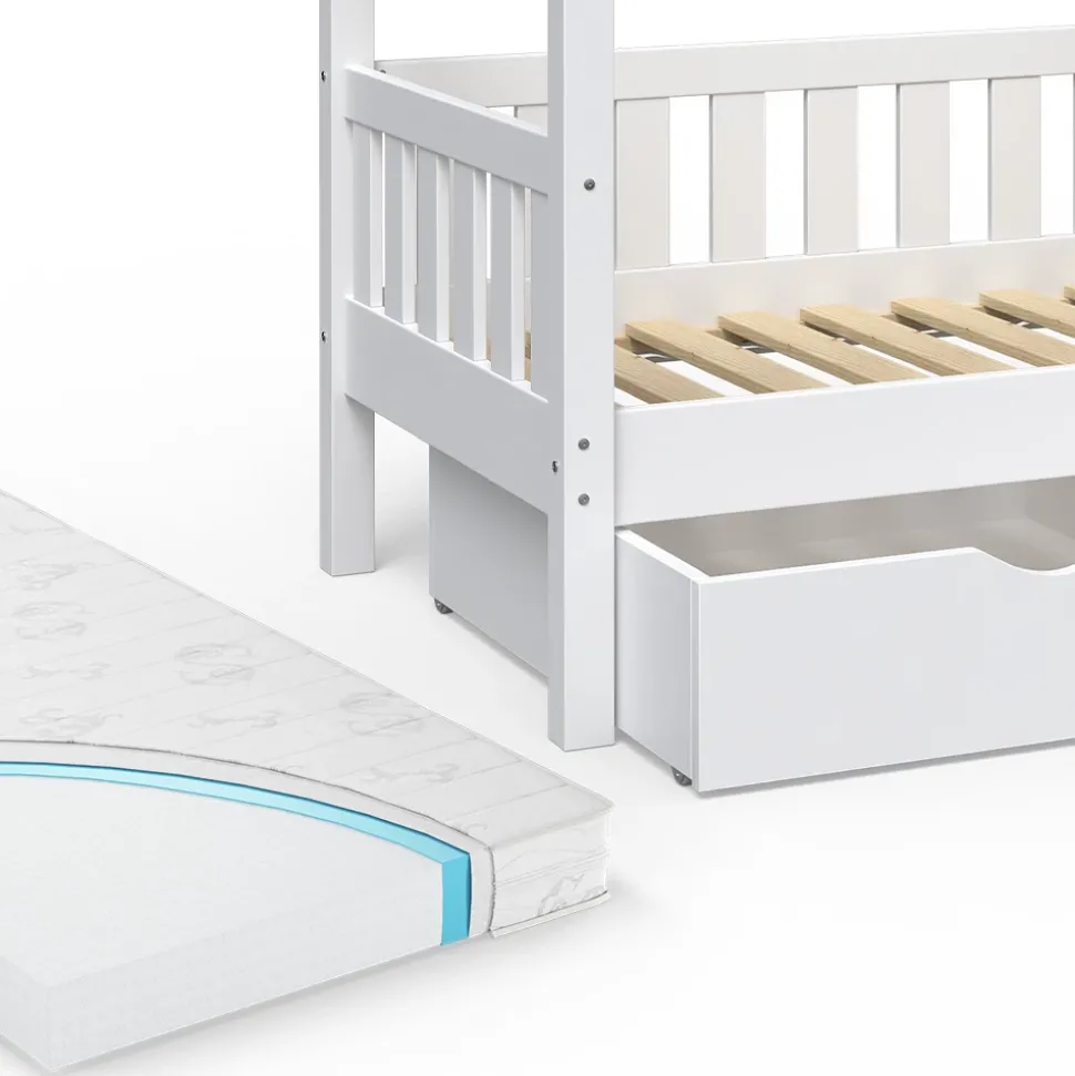 Hausbett Design Weiß 80x160 cm mit 2 Schubladen und Matratze Vitalispa