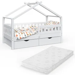 Hausbett Design Weiß 80x160 cm mit 2 Schubladen und Matratze Vitalispa