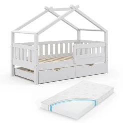 Hausbett Design Weiß 80x160 cm mit Gästebett und Matratze Vitalispa