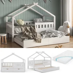 Hausbett Design Weiß 80x160 cm mit Gästebett und Matratze Vitalispa