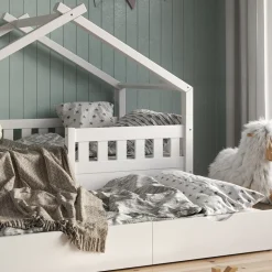 Hausbett Design Weiß 80x160 cm mit Gästebett und Matratze Vitalispa