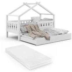 Hausbett Design Weiß 80x160 cm mit Gästebett und Matratze Vitalispa