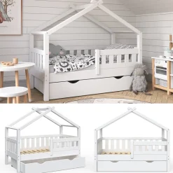 Hausbett Design Weiß 70x140 cm mit Schublade Vitalispa