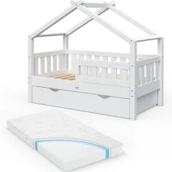 Hausbett Design Weiß 70x140 cm mit Schublade und Matratze Vitalispa