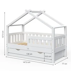 Hausbett Design Weiß 70x140 cm mit Schublade und Matratze Vitalispa