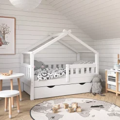 Hausbett Design Weiß 70x140 cm mit Schublade und Matratze Vitalispa