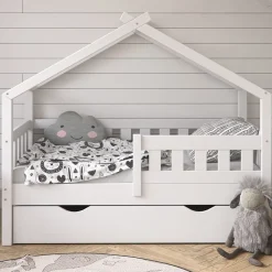 Hausbett Design Weiß 70x140 cm mit Schublade und Matratze Vitalispa