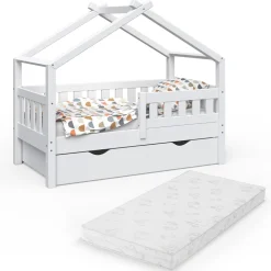 Hausbett Design Weiß 70x140 cm mit Schublade und Matratze Vitalispa