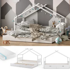 Hausbett Design Weiß 90x200 cm mit Gästebett und Matratze Vitalispa