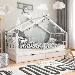 Hausbett Design Weiß 90x200 cm mit 2 Schubladen Vitalispa