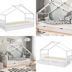 Hausbett Design Weiß 90x200 cm mit 2 Schubladen Vitalispa