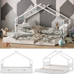 Hausbett Design Weiß 90x200 cm mit Gästebett Vitalispa