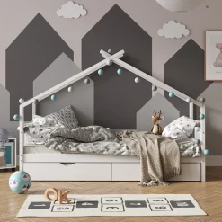 Hausbett Design Weiß 90x200 cm mit Gästebett Vitalispa