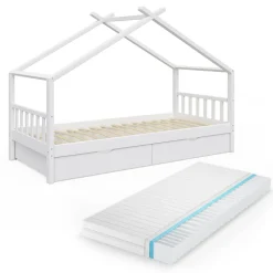 Hausbett Design Weiß 90x200 cm mit 2 Schubladen und Matratze Vitalispa