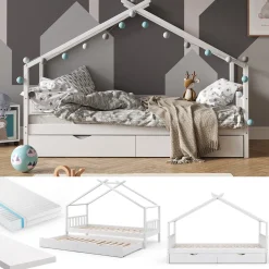 Hausbett Design Weiß 90x200 cm mit Gästebett und 2 Matratzen Vitalispa