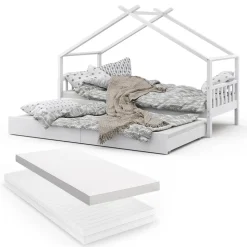 Hausbett Design Weiß 90x200 cm mit Gästebett und 2 Matratzen Vitalispa