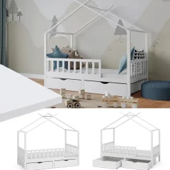 Hausbett Franka Weiß 80x160 cm mit 2 Schubladen und Matratze Vitalispa