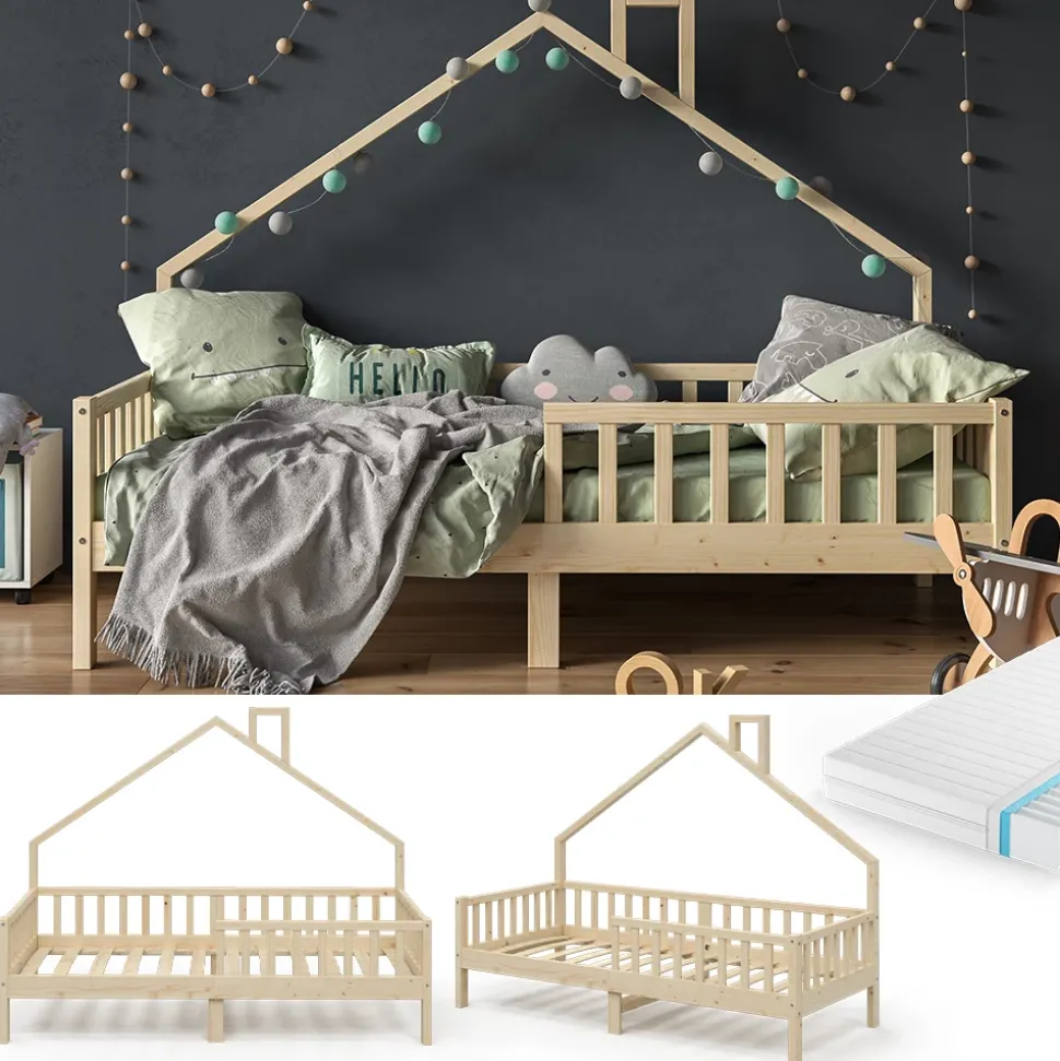 Hausbett Noemi Naturholz 90x200 cm mit Matratze Vitalispa