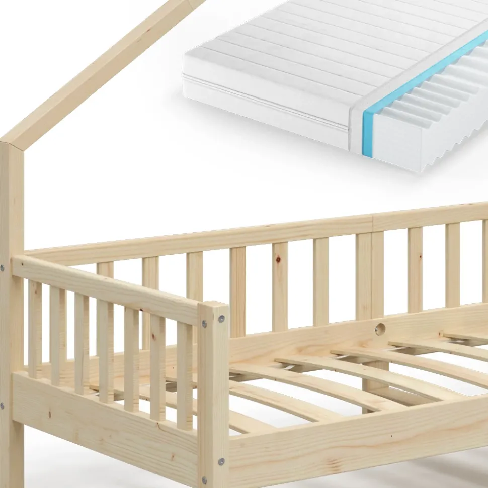 Hausbett Noemi Naturholz 90x200 cm mit Matratze Vitalispa