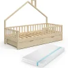 Hausbett Noemi Naturholz 90x200 cm mit 2 Schubladen und Matratze Vitalispa