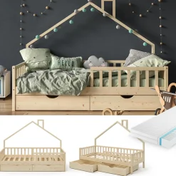 Hausbett Noemi Naturholz 90x200 cm mit 2 Schubladen und Matratze Vitalispa