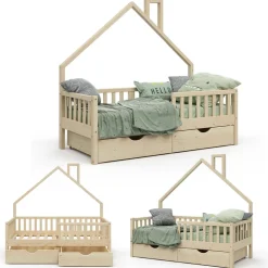 Hausbett Noemi Naturholz 80x160 cm mit 2 Schubladen Vitalispa