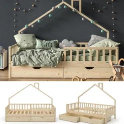 Hausbett Noemi Naturholz 90x200 cm mit 2 Schubladen Vitalispa