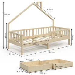 Hausbett Noemi Naturholz 90x200 cm mit 2 Schubladen Vitalispa