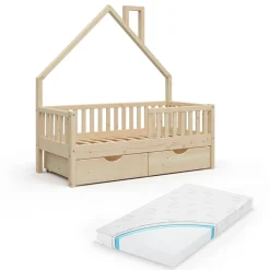 Hausbett Noemi Naturholz 80x160 cm mit 2 Schubladen und Matratze Vitalispa