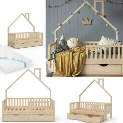 Hausbett Noemi Naturholz 80x160 cm mit 2 Schubladen und Matratze Vitalispa