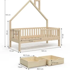 Hausbett Noemi Naturholz 80x160 cm mit 2 Schubladen und Matratze Vitalispa