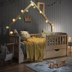 Hausbett Noemi Naturholz 80x160 cm mit 2 Schubladen und Matratze Vitalispa