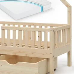 Hausbett Noemi Naturholz 80x160 cm mit 2 Schubladen und Matratze Vitalispa