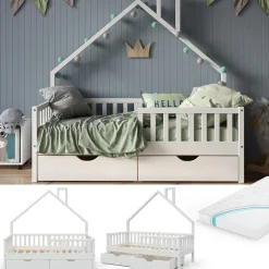 Hausbett Noemi Weiß 80x160 cm mit 2 Schubladen und Matratze Vitalispa