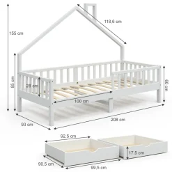 Hausbett Noemi Weiß 90x200 cm mit 2 Schubladen Vitalispa