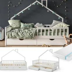 Hausbett Noemi Weiß 90x200 cm mit 2 Schubladen und Matratze Vitalispa