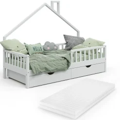 Hausbett Noemi Weiß 90x200 cm mit 2 Schubladen und Matratze Vitalispa
